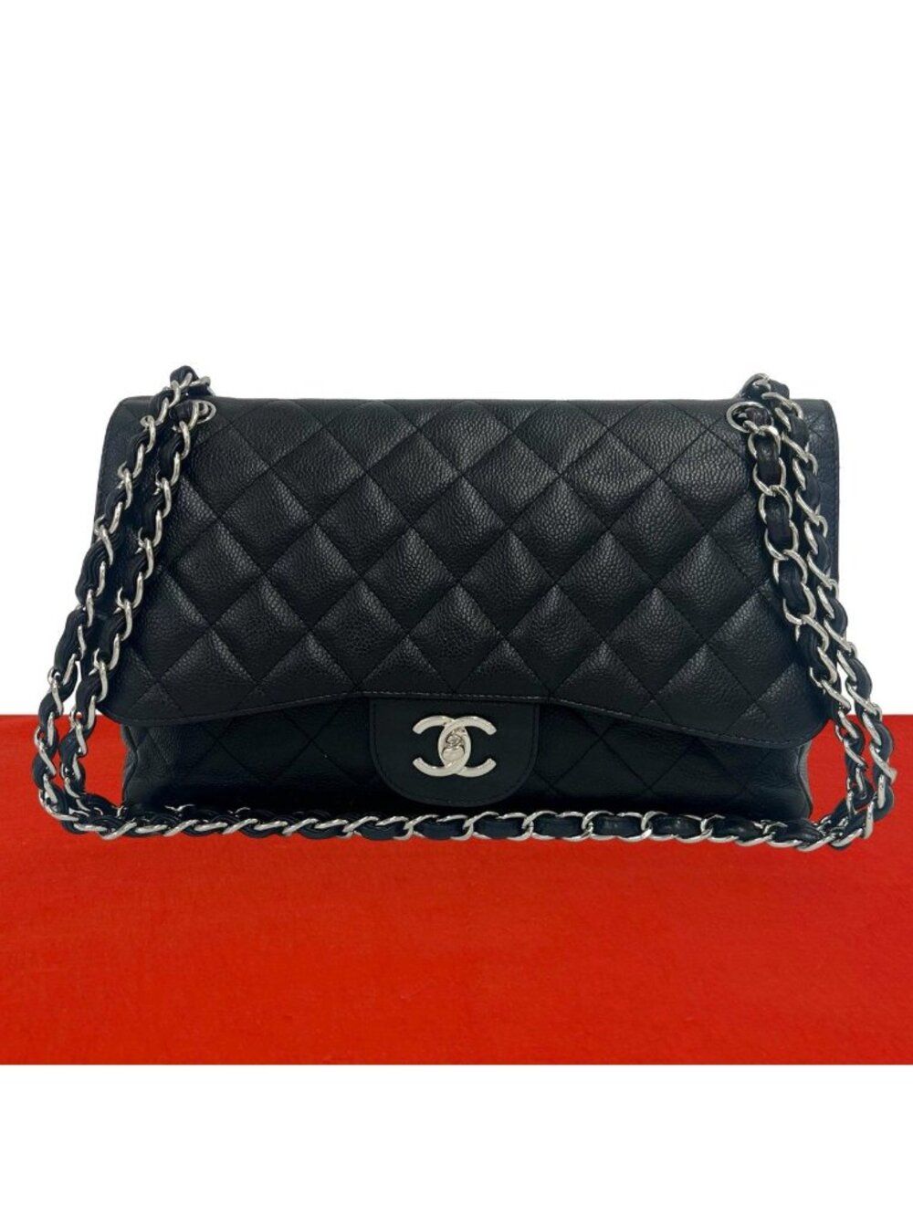 Chanel Quilted CC Logo Double Flap Caviar Leather 2-Way Shoulder Bag Black